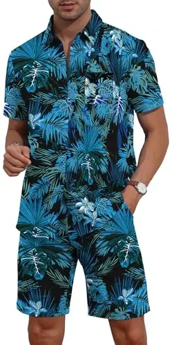 YTD Mens Flower Hawaiian 2 Piece Outfit Sets Short Sleeve Beach Casual Button Down Shirt and Shorts Suits - 3