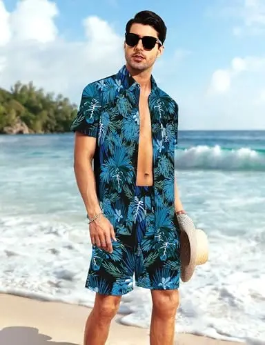 YTD Mens Flower Hawaiian 2 Piece Outfit Sets Short Sleeve Beach Casual Button Down Shirt and Shorts Suits - 5