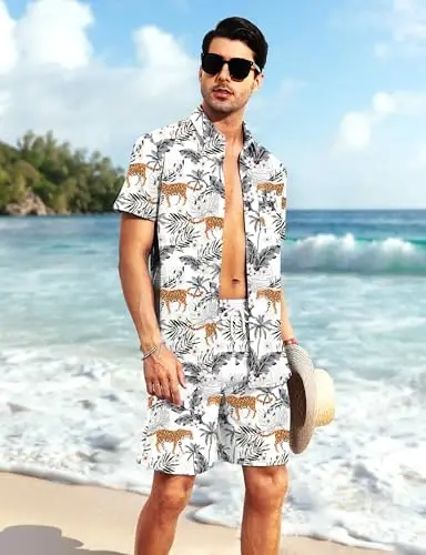 YTD Erkek Çiçekli Hawaii 2'li Kıyafet Setleri Kısa Kollu Plaj Günlük Düğmeli Gömlek ve Şort Takımları - 10