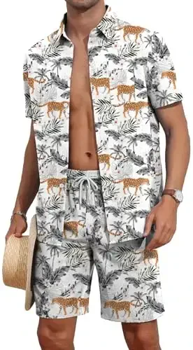 YTD Mens Flower Hawaiian 2 Piece Outfit Sets Short Sleeve Beach Casual Button Down Shirt and Shorts Suits - 1