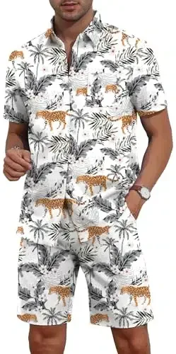 YTD Mens Flower Hawaiian 2 Piece Outfit Sets Short Sleeve Beach Casual Button Down Shirt and Shorts Suits - 3