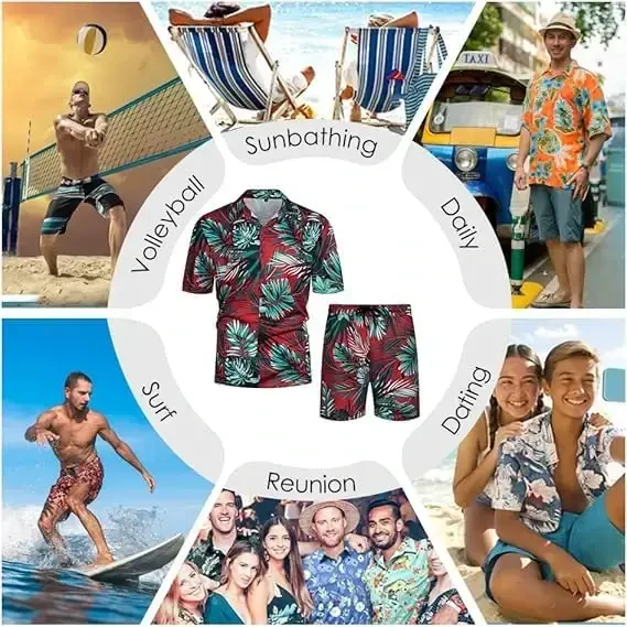 YTD Mens Flower Hawaiian 2 Piece Outfit Sets Short Sleeve Beach Casual Button Down Shirt and Shorts Suits - 6