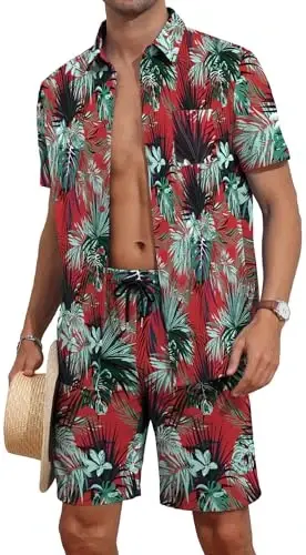 YTD Mens Flower Hawaiian 2 Piece Outfit Sets Short Sleeve Beach Casual Button Down Shirt and Shorts Suits - 1