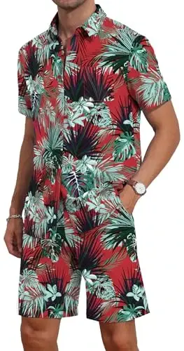 YTD Mens Flower Hawaiian 2 Piece Outfit Sets Short Sleeve Beach Casual Button Down Shirt and Shorts Suits - 3