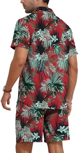 YTD Mens Flower Hawaiian 2 Piece Outfit Sets Short Sleeve Beach Casual Button Down Shirt and Shorts Suits - 4