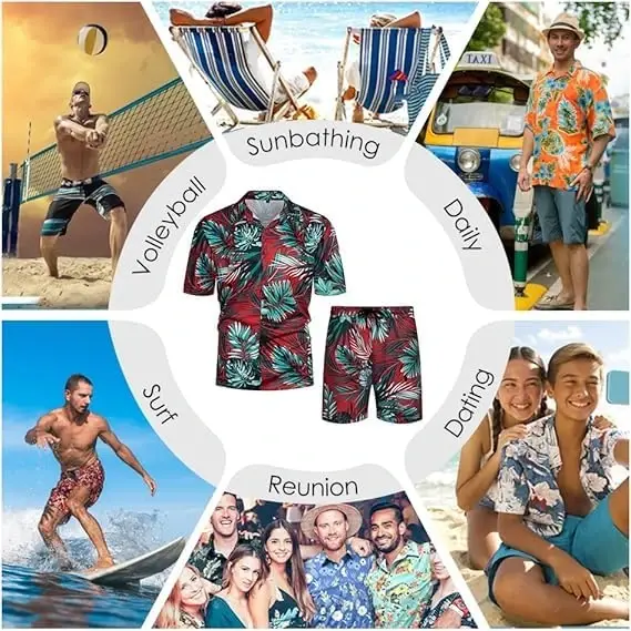 YTD Mens Flower Hawaiian 2 Piece Outfit Sets Short Sleeve Beach Casual Button Down Shirt and Shorts Suits - 6