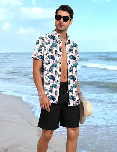 YTD Men's 2 Piece Outfits Tropical Print Hawaiian Shirt & Shorts Set | Short Sleeve, Button Down, Beach Shorts - YTD