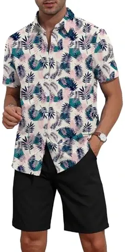 YTD Men's 2 Piece Outfits Tropical Print Hawaiian Shirt & Shorts Set | Short Sleeve, Button Down, Beach Shorts - YTD