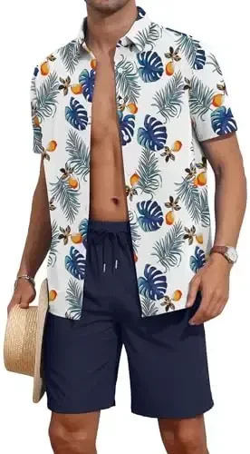 YTD Men's 2 Piece Outfits Tropical Print Short Sleeve Button Down Hawaiian Shirt and Beach Shorts Set - 1