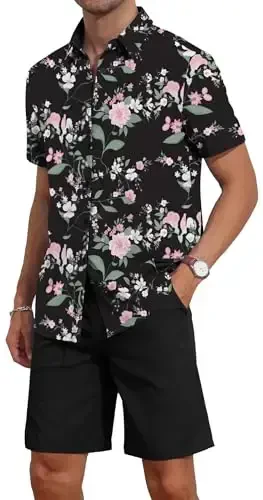 YTD Men's 2 Piece Outfits Tropical Print Short Sleeve Button Down Hawaiian Shirt and Beach Shorts Set - 4