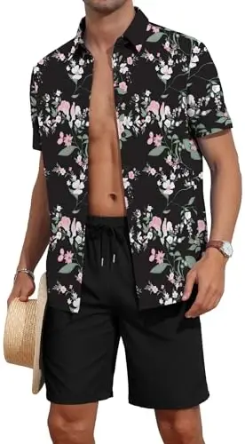 YTD Men's 2 Piece Outfits Tropical Print Short Sleeve Button Down Hawaiian Shirt and Beach Shorts Set - 1
