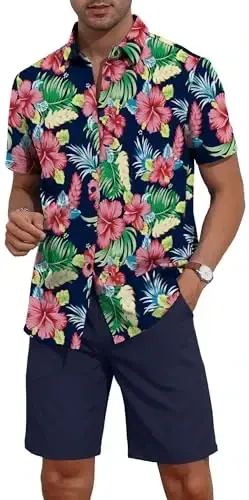 YTD Men's 2 Piece Outfits Tropical Print Short Sleeve Button Down Hawaiian Shirt and Beach Shorts Set - 3
