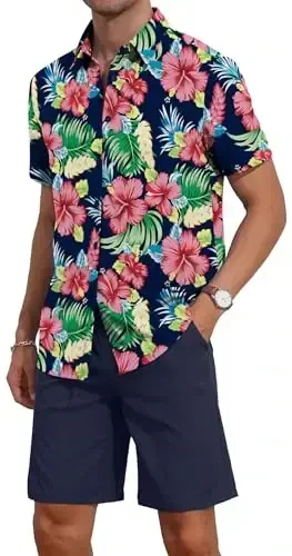 YTD Men's 2 Piece Outfits Tropical Print Short Sleeve Button Down Hawaiian Shirt and Beach Shorts Set - 4