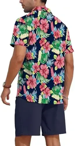 YTD Men's 2 Piece Outfits Tropical Print Short Sleeve Button Down Hawaiian Shirt and Beach Shorts Set - 5