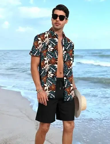 YTD Men's 2 Piece Outfits Tropical Print Short Sleeve Button Down Hawaiian Shirt and Beach Shorts Set - MODAZONE (1)