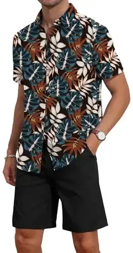 YTD Men's 2 Piece Outfits Tropical Print Short Sleeve Button Down Hawaiian Shirt and Beach Shorts Set - 4