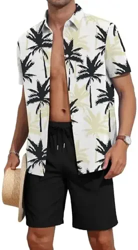 YTD Men's 2 Piece Outfits Tropical Print Short Sleeve Button Down Hawaiian Shirt and Beach Shorts Set - 1