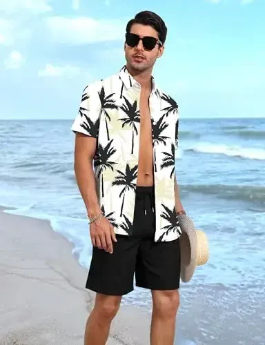 YTD Men's 2 Piece Outfits Tropical Print Short Sleeve Button Down Hawaiian Shirt and Beach Shorts Set - 2