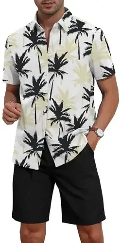 YTD Men's 2 Piece Outfits Tropical Print Short Sleeve Button Down Hawaiian Shirt and Beach Shorts Set - 3