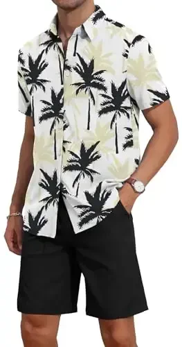 YTD Men's 2 Piece Outfits Tropical Print Short Sleeve Button Down Hawaiian Shirt and Beach Shorts Set - 4