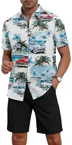 YTD Men's 2 Piece Outfits Tropical Print Short Sleeve Button Down Hawaiian Shirt and Beach Shorts Set - 3