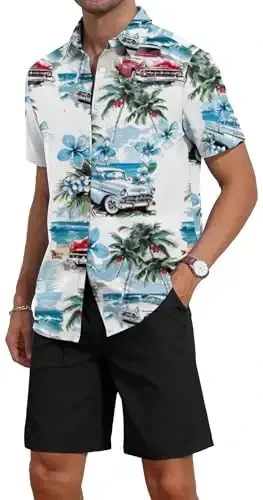 YTD Men's 2 Piece Outfits Tropical Print Short Sleeve Button Down Hawaiian Shirt and Beach Shorts Set - 4