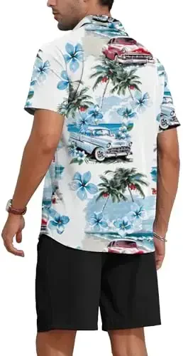 YTD Men's 2 Piece Outfits Tropical Print Short Sleeve Button Down Hawaiian Shirt and Beach Shorts Set - 5
