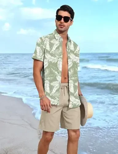 YTD Men's 2 Piece Outfits Tropical Print Short Sleeve Button Down Hawaiian Shirt and Beach Shorts Set - MODAZONE (1)