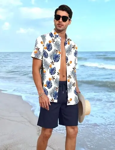YTD Men's 2 Piece Outfits Tropical Print Short Sleeve Button Down Hawaiian Shirt and Beach Shorts Set - YTD (1)