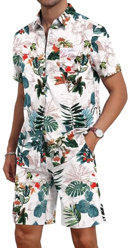 YTD Men's Flower Hawaiian 2 Piece Outfit Sets Short Sleeve Beach Casual Button Down Shirt and Shorts Suits - 2