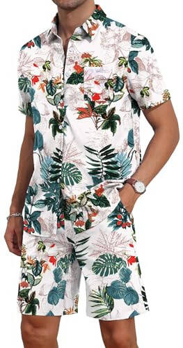 YTD Men's Flower Hawaiian 2 Piece Outfit Sets Short Sleeve Beach Casual Button Down Shirt and Shorts Suits - 2