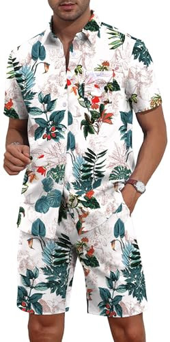 YTD Men's Flower Hawaiian 2 Piece Outfit Sets Short Sleeve Beach Casual Button Down Shirt and Shorts Suits - 3