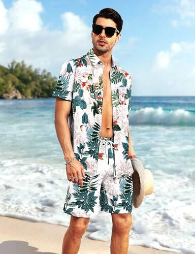 YTD Men's Flower Hawaiian 2 Piece Outfit Sets Short Sleeve Beach Casual Button Down Shirt and Shorts Suits - 5