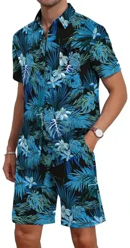 YTD Mens Flower Hawaiian 2 Piece Outfit Sets Short Sleeve Beach Casual Button Down Shirt and Shorts Suits - 2
