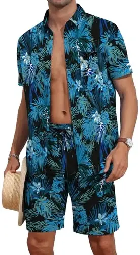 YTD Mens Flower Hawaiian 2 Piece Outfit Sets Short Sleeve Beach Casual Button Down Shirt and Shorts Suits - 1