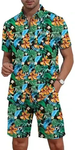 YTD Mens Flower Hawaiian 2 Piece Outfit Sets Short Sleeve Beach Casual Button Down Shirt and Shorts Suits - 3