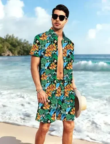 YTD Mens Flower Hawaiian 2 Piece Outfit Sets Short Sleeve Beach Casual Button Down Shirt and Shorts Suits - 5