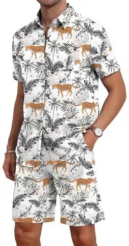 YTD Mens Flower Hawaiian 2 Piece Outfit Sets Short Sleeve Beach Casual Button Down Shirt and Shorts Suits - 2