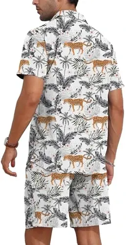 YTD Mens Flower Hawaiian 2 Piece Outfit Sets Short Sleeve Beach Casual Button Down Shirt and Shorts Suits - 4