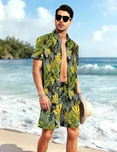 YTD Mens Flower Hawaiian 2 Piece Outfit Sets Short Sleeve Beach Casual Button Down Shirt and Shorts Suits - 5