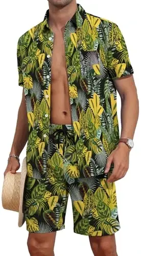 YTD Mens Flower Hawaiian 2 Piece Outfit Sets Short Sleeve Beach Casual Button Down Shirt and Shorts Suits - 1