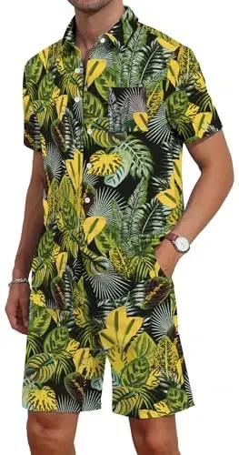 YTD Mens Flower Hawaiian 2 Piece Outfit Sets Short Sleeve Beach Casual Button Down Shirt and Shorts Suits - 2