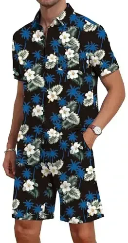 YTD Mens Flower Hawaiian 2 Piece Outfit Sets Short Sleeve Beach Casual Button Down Shirt and Shorts Suits - 2