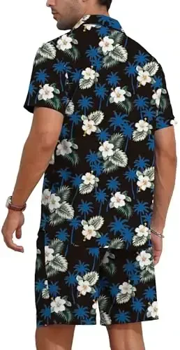 YTD Mens Flower Hawaiian 2 Piece Outfit Sets Short Sleeve Beach Casual Button Down Shirt and Shorts Suits - 4
