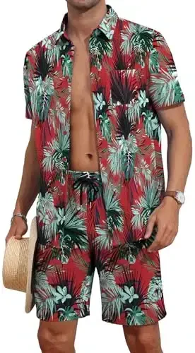 YTD Mens Flower Hawaiian 2 Piece Outfit Sets Short Sleeve Beach Casual Button Down Shirt and Shorts Suits - 1