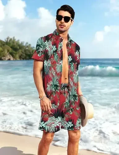 YTD Mens Flower Hawaiian 2 Piece Outfit Sets Short Sleeve Beach Casual Button Down Shirt and Shorts Suits - 2
