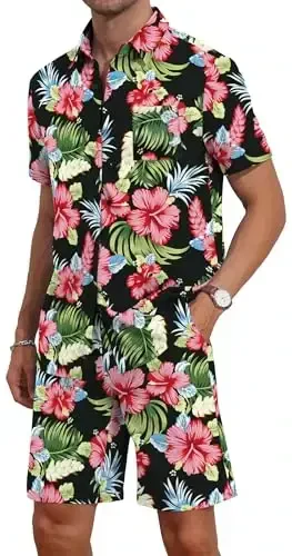 YTD Mens Flower Hawaiian 2 Piece Outfit Sets Short Sleeve Beach Casual Button Down Shirt and Shorts Suits - 3
