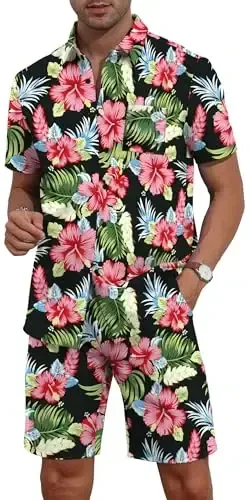 YTD Mens Flower Hawaiian 2 Piece Outfit Sets Short Sleeve Beach Casual Button Down Shirt and Shorts Suits - 4