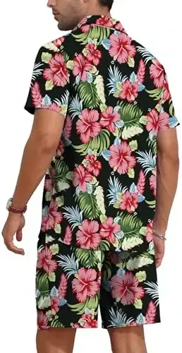 YTD Mens Flower Hawaiian 2 Piece Outfit Sets Short Sleeve Beach Casual Button Down Shirt and Shorts Suits - 5