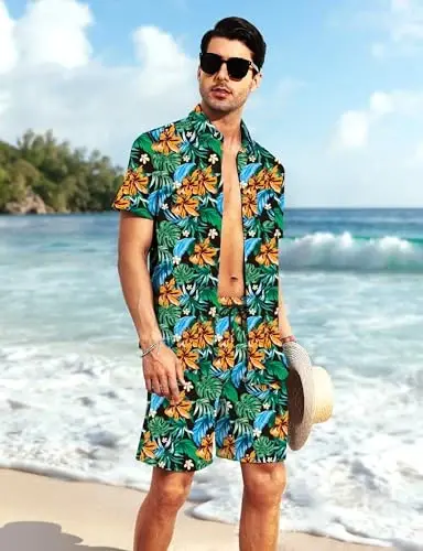 YTD Mens Flower Hawaiian 2 Piece Outfit Sets Short Sleeve Beach Casual Button Down Shirt and Shorts Suits 